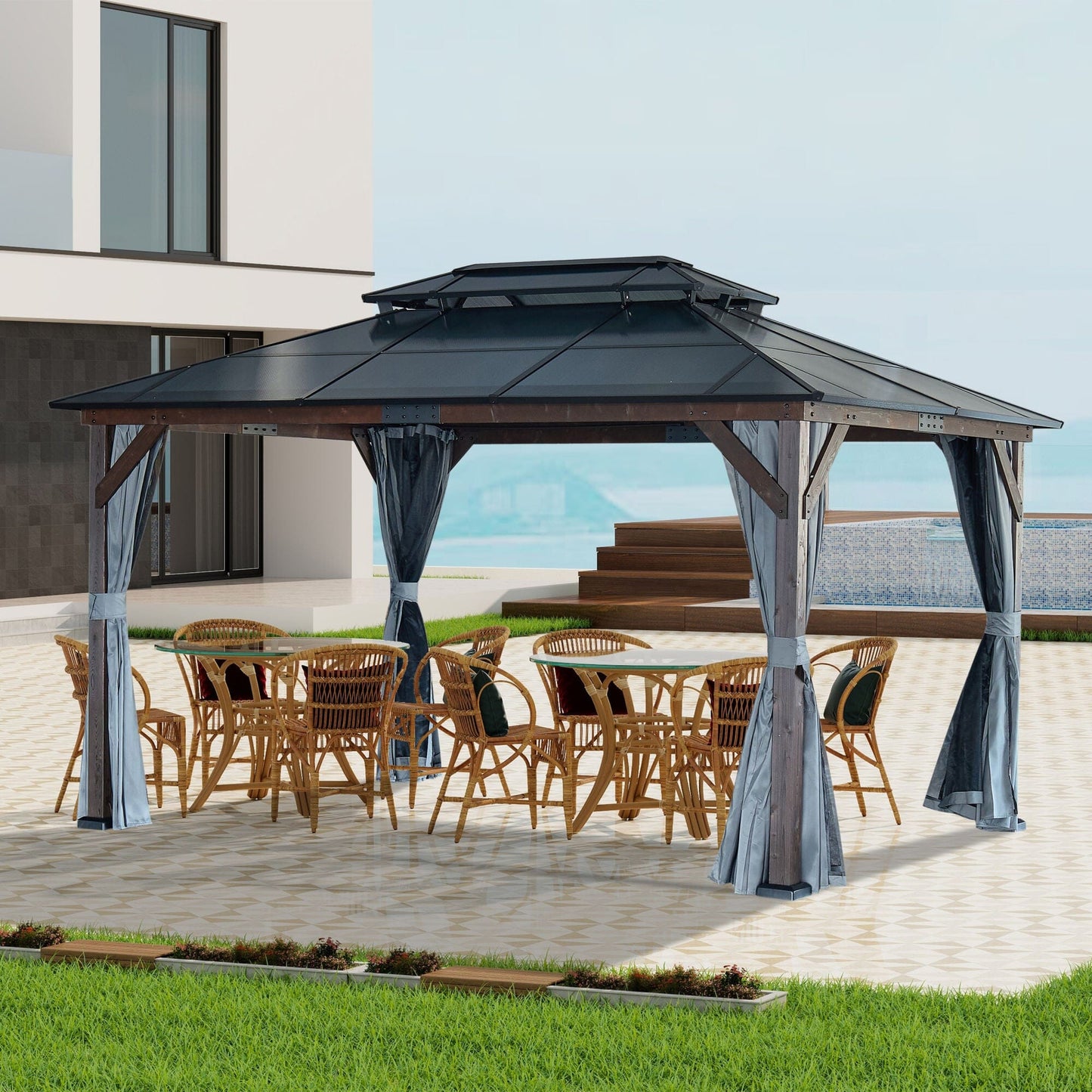 10x13FT Gazebos-Double Roof Sunshade (Wooden Legs) Doba 