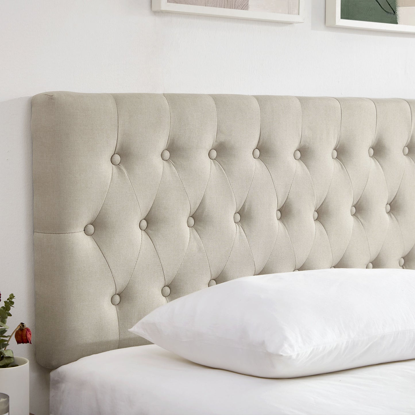 Tufted Upholstered Queen Size Bed Headboard in Modern Button Design, Adjustable Solid Wood Head Board, Premium Linen Fabric Padded Headboards in Bedroom (Beige, Queen)