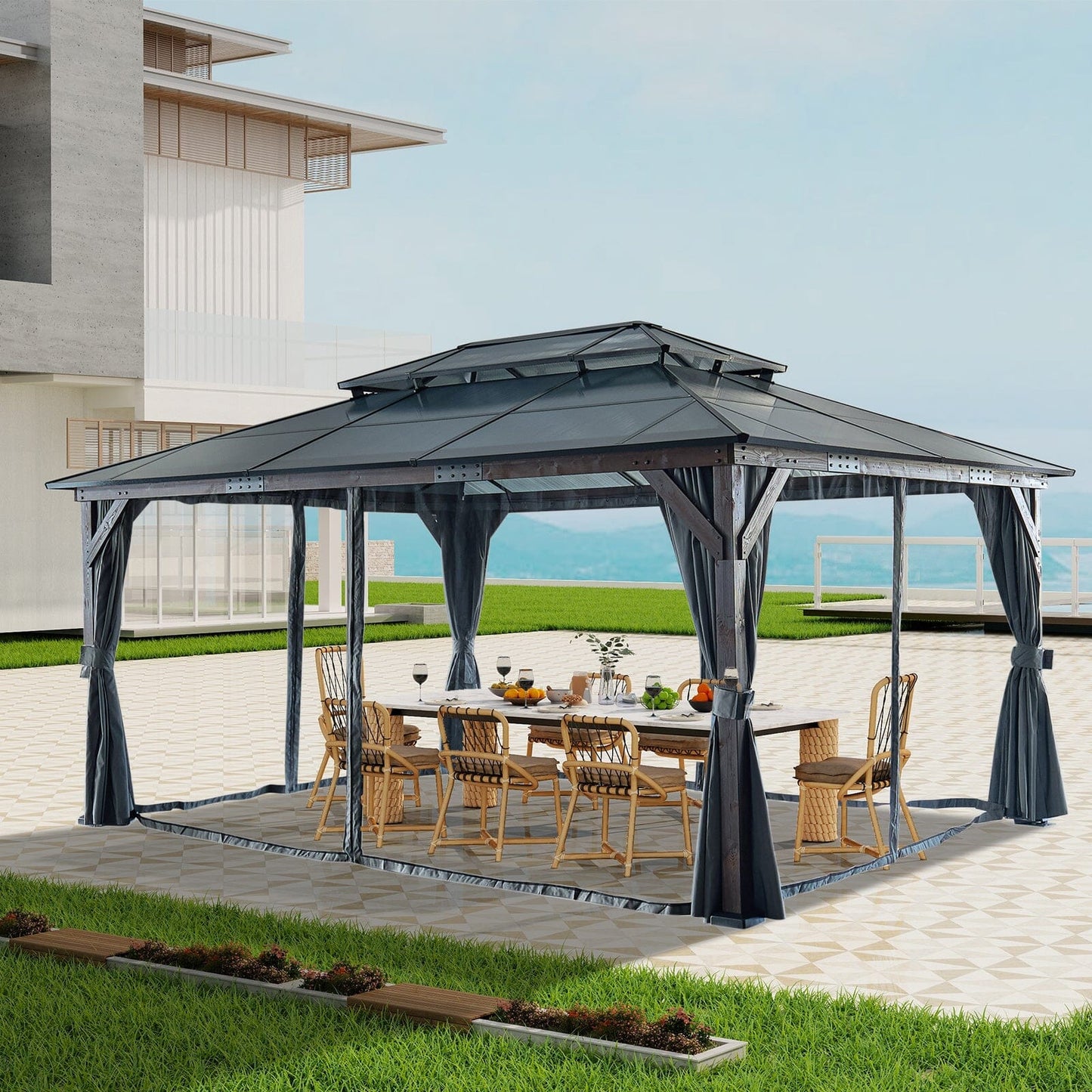 10x13FT Gazebos-Double Roof Sunshade (Wooden Legs) Doba 12*16FT 