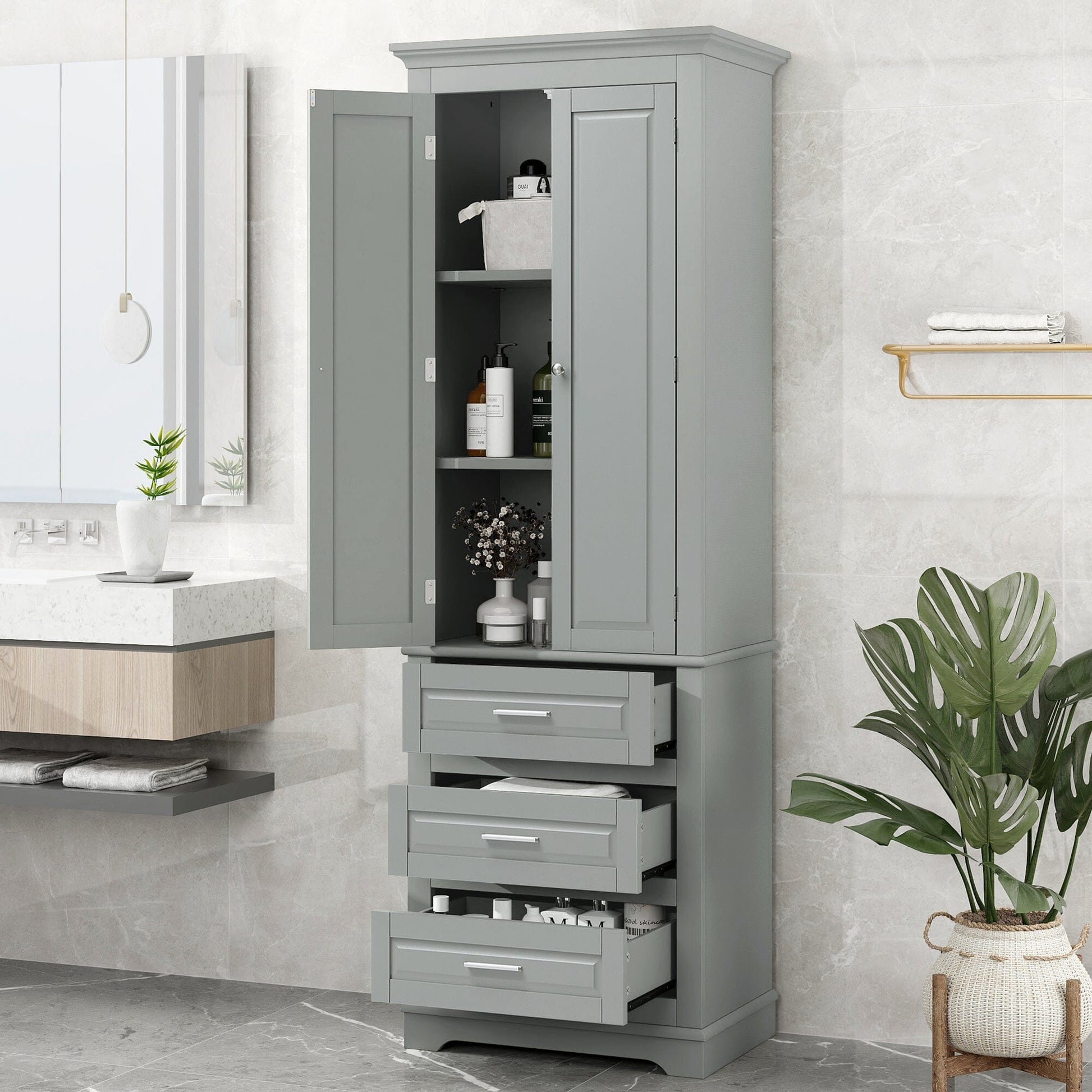 Tall Storage Cabinet with Three Drawers for Bathroom/Office, Grey Doba 