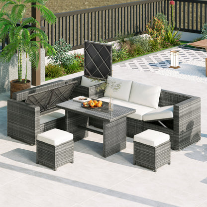 Outdoor 6-Piece All Weather PE Rattan Sofa Set, Storage Box, Removable Covers and Tempered Glass Top Table