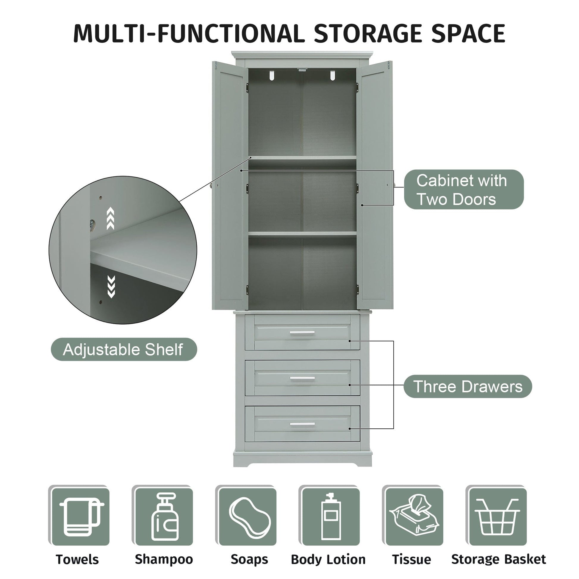 Tall Storage Cabinet with Three Drawers for Bathroom/Office, Grey Doba 