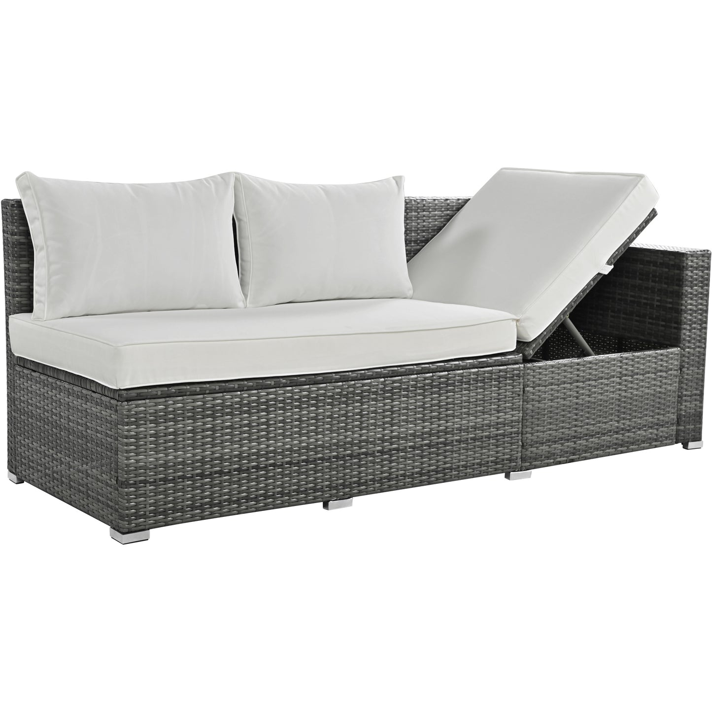 Outdoor 6-Piece All Weather PE Rattan Sofa Set, Storage Box, Removable Covers and Tempered Glass Top Table