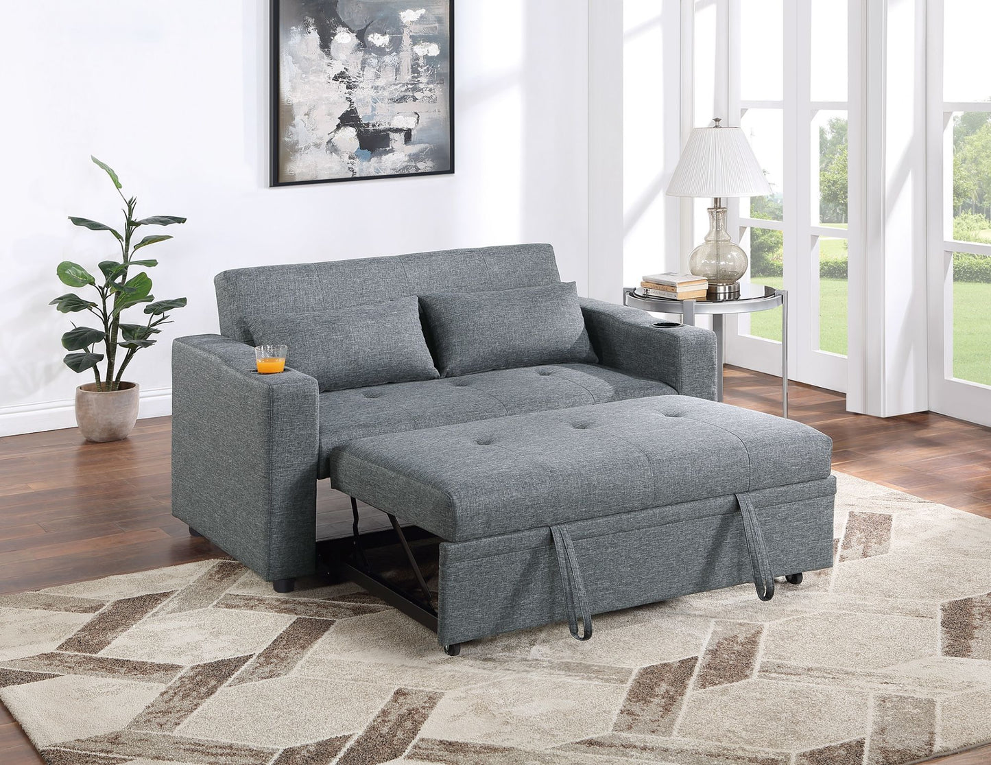 Contemporary Black Gray Sleeper Sofa Pillows Plush Tufted Seat 1pc Convertible Sofa w Cup Holder Polyfiber Couch
