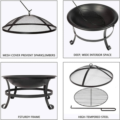 Bosonshop 22'' Outdoor Wood Burning BBQ Grill Firepit Bowl w/Spark Round Mesh Spark Screen Cover Fire Poker Patio Steel Fire Pit Bonfire for Backyard Camping