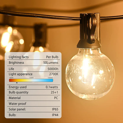 27Ft G40 Solar String Lights Outdoor Waterproof Globe Lights With 4 Lighting Modes Shatterproof LED Bulbs