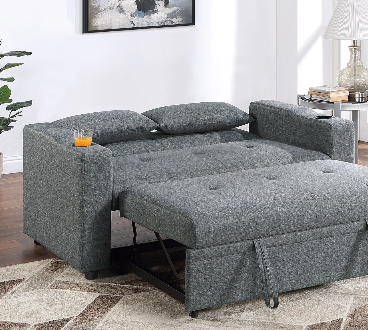 Contemporary Black Gray Sleeper Sofa Pillows Plush Tufted Seat 1pc Convertible Sofa w Cup Holder Polyfiber Couch