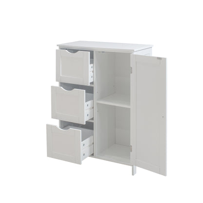 White Bathroom Floor Storage Cabinet;  Wooden Freestanding Storage Cabinet;  Side Storage Organizer with 1 Cupboard and 3 Drawers