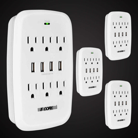 5 Core 6 Outlet Wall Plug Extender with 4 USB Ports (4.8A Total), Multi Plug Adapter Wall Surge Protector 15A Electrical Expander with USB Ports - WMS 6S 4USB