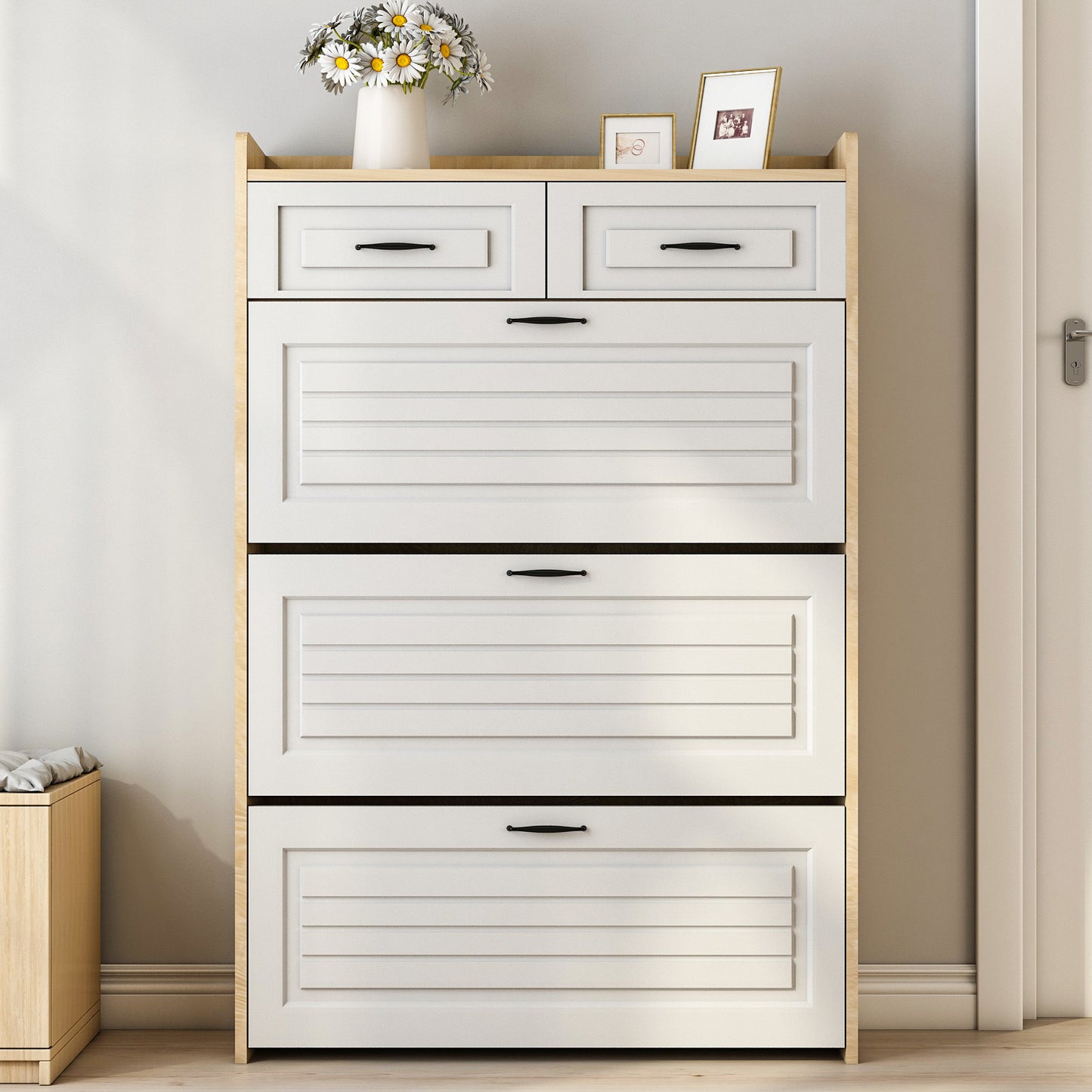 White +Oak Color shoe cabinet with 3 doors 2 drawers,PVC door with shape ,large space for storage