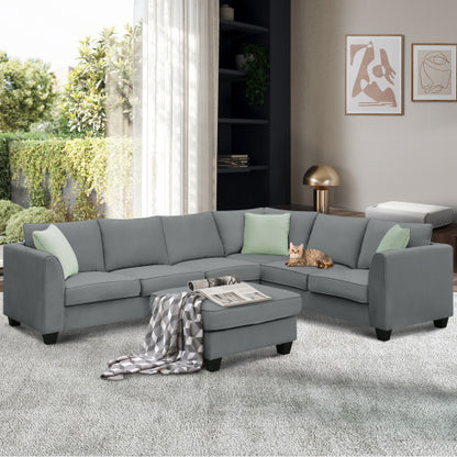 7 Seats Modular Sectional Sofa with Ottoman, L Shape Fabric Sofa Corner Couch Set with 3 Pillows