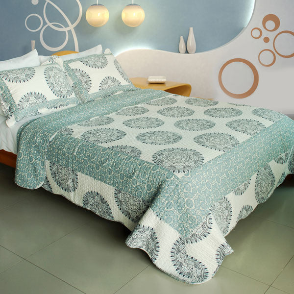 Cotton 3PC Vermicelli-Quilted Printed Quilt Set (Full/Queen Size)