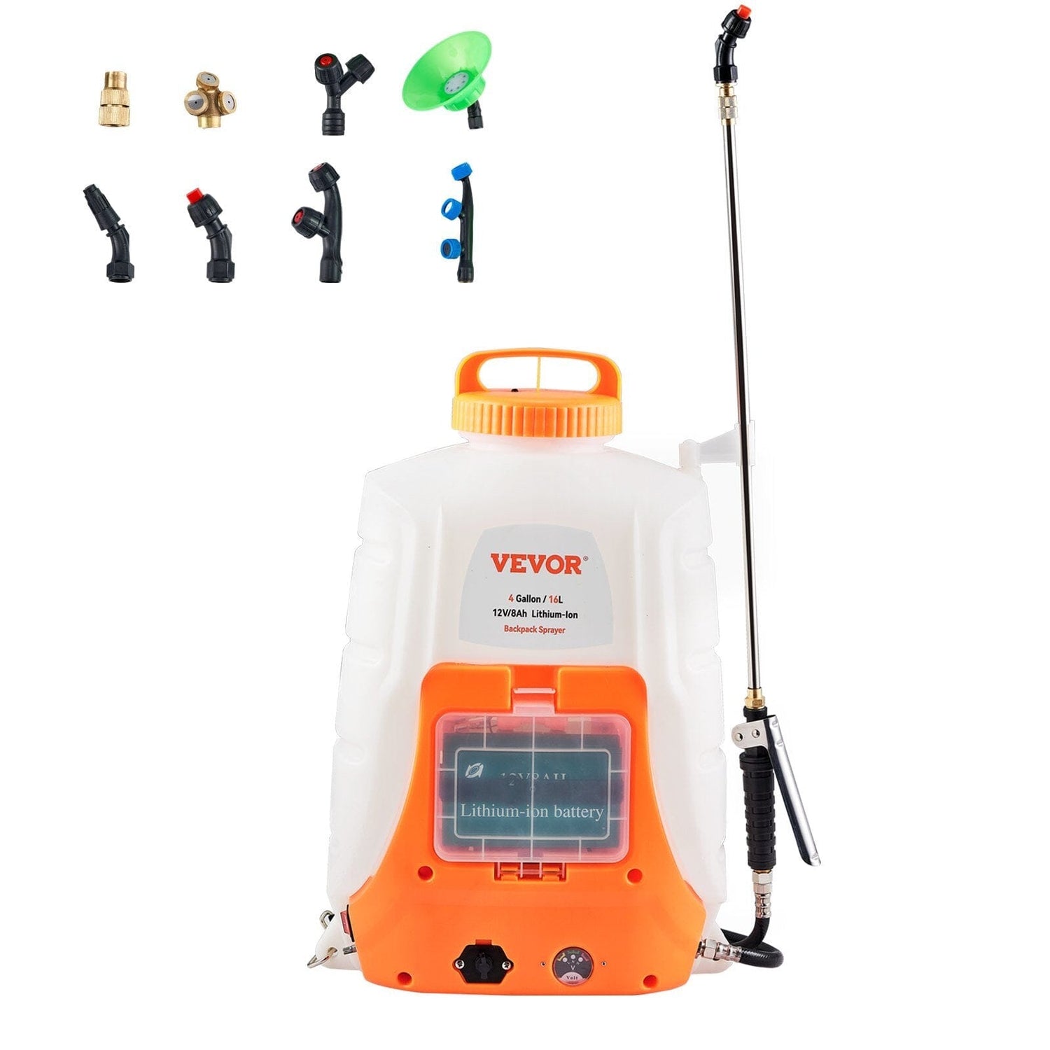 VEVOR Battery Powered Backpack Sprayer ; 4 Gal Tank; 0-90 PSI Adjustable Pressure; Back Pack Sprayer with 8 Nozzles and 2 Wands; 12V 8Ah Battery; Wide Mouth Lid for Weeding; Spraying; Cleaning Doba Orange 