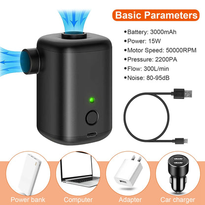 Portable Electric Air Pump for Inflatables Air Mattress Raft Bed Boat Pool Vacuum Storage Bag Quick Inflate Deflate USB Rechargeable Pump