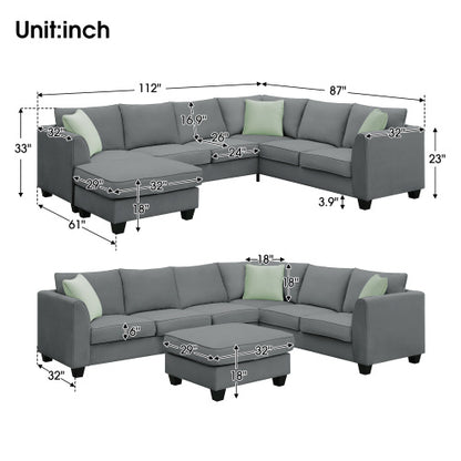 7 Seats Modular Sectional Sofa with Ottoman, L Shape Fabric Sofa Corner Couch Set with 3 Pillows