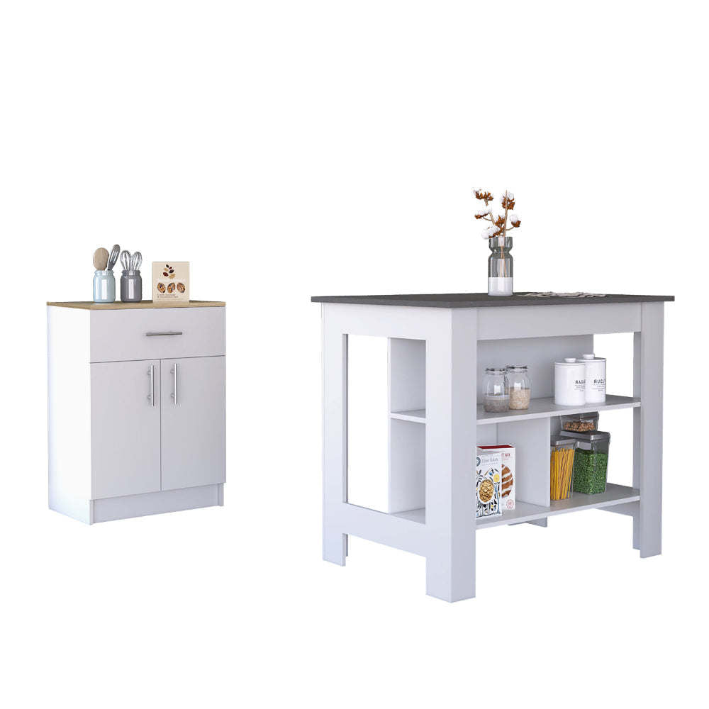 California 2 Piece Kitchen Set, Delos Kitchen Island + Barbados Pantry Cabinet , White /Onyx /Light Oak