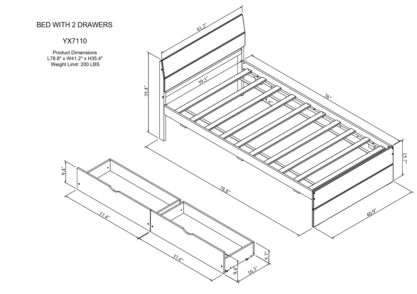 Modern Twin Bed Frame With 2 Drawers