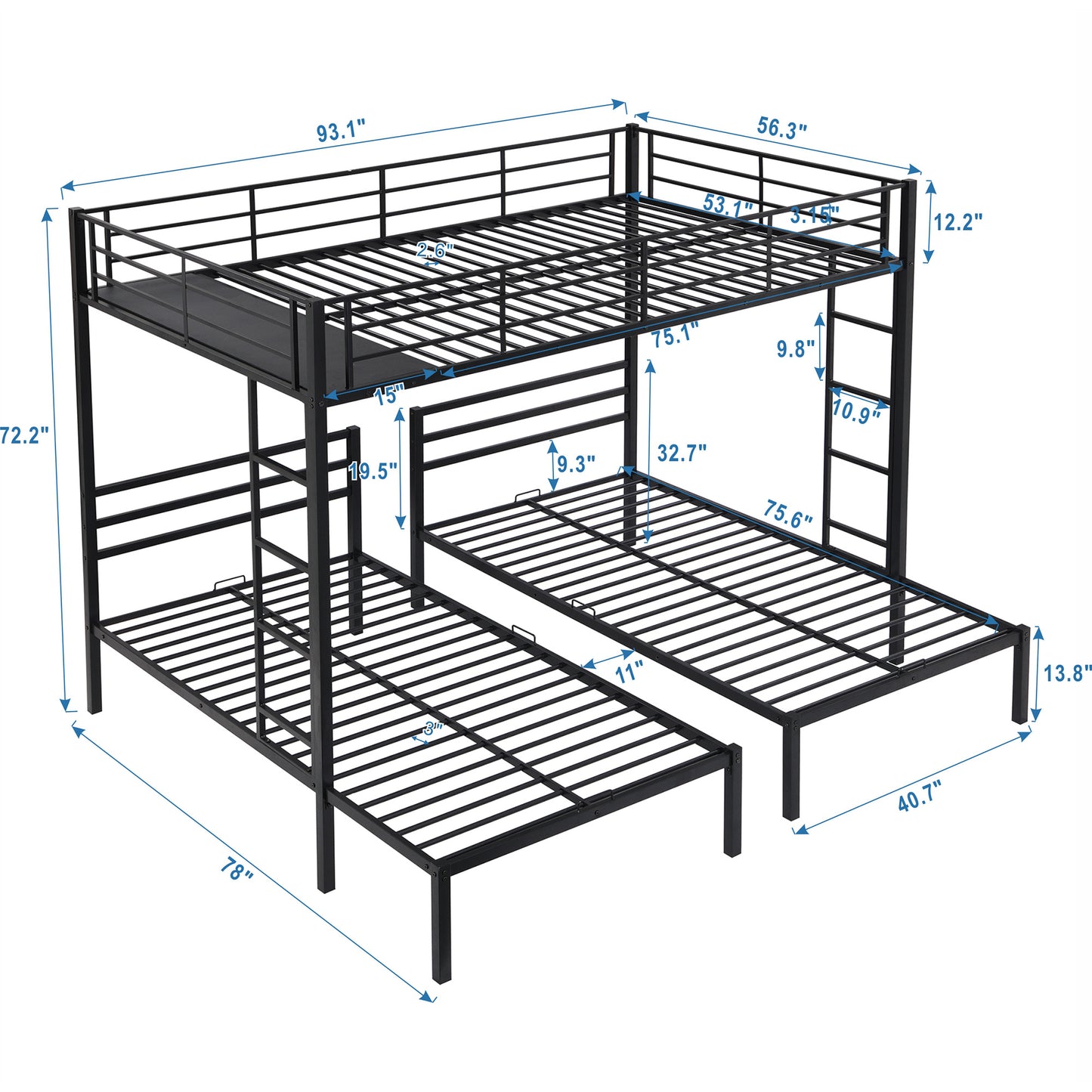 Full over Twin & Twin Size Bunk Bed, Black